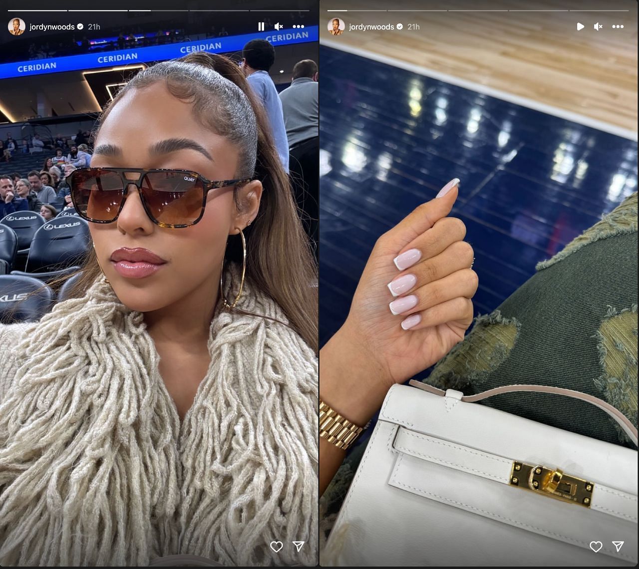 Woods is is on the courtside, flaunting her bag and perfectly done nails