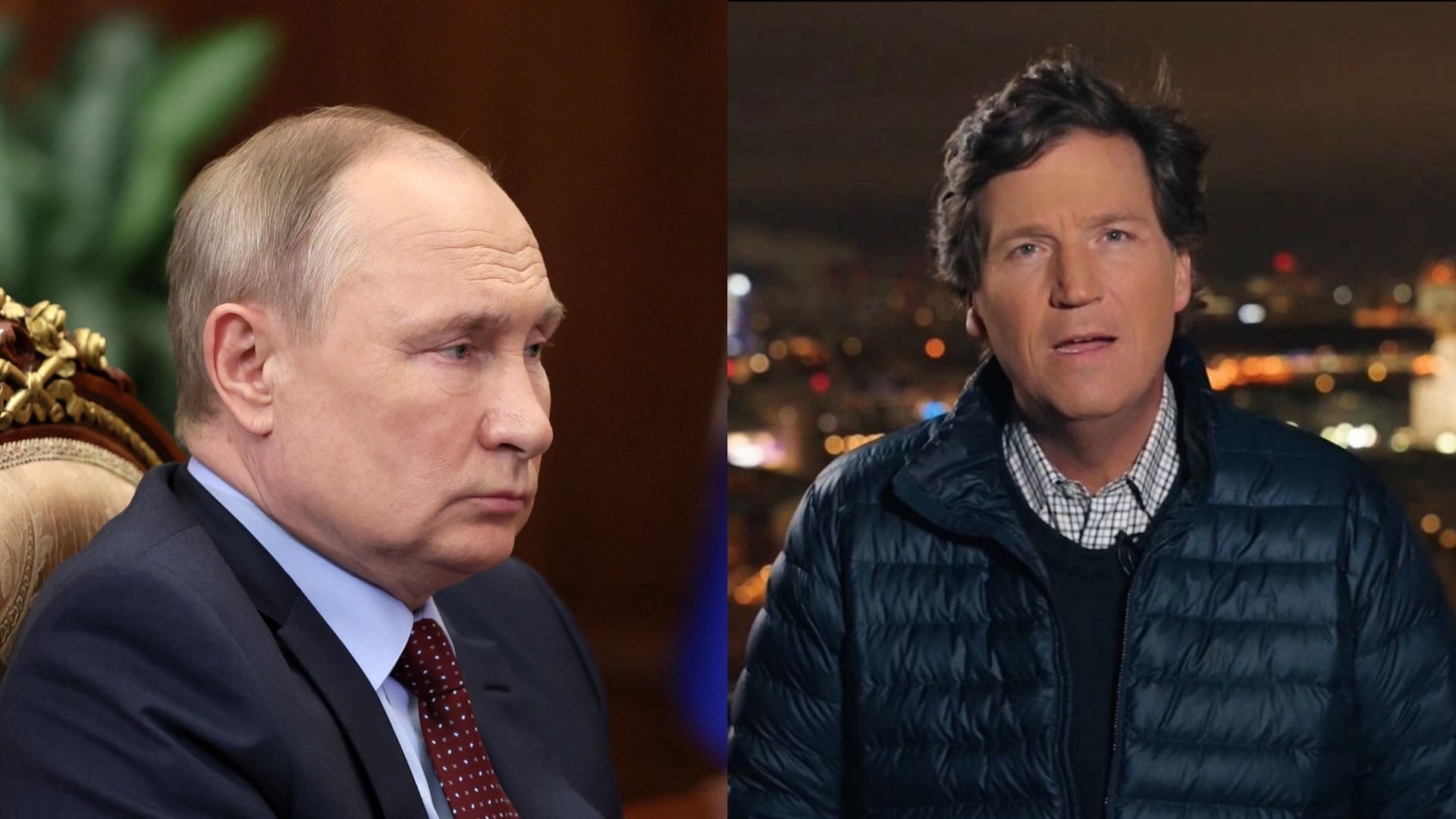 Tucker Carlson says he will interview Vladimitr Putin (Images via X/@TuckerCarlson &amp; @KremlinRussia_E)