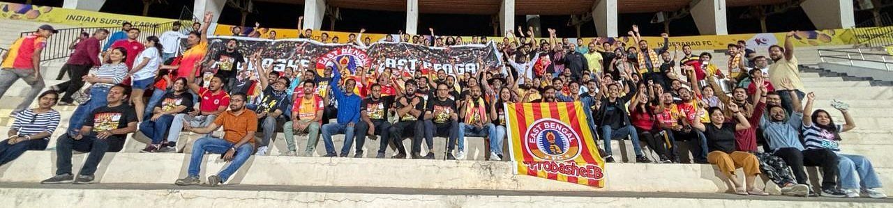 A horde of East Bengal supporters at the away stand of the Maidaan in Gachibowli on Saturday.
