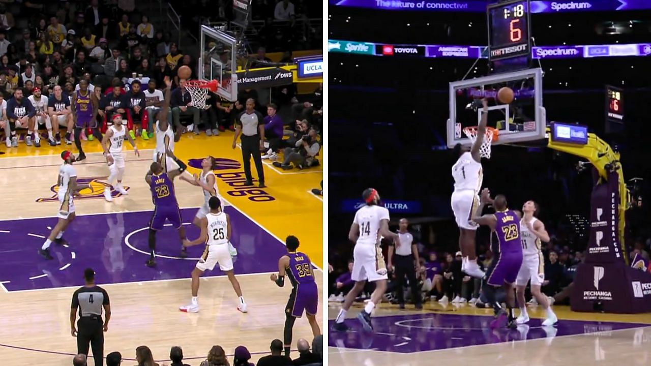 Zion Williamson soars high for disrespectful block on LeBron James (images via Pelicans on X)
