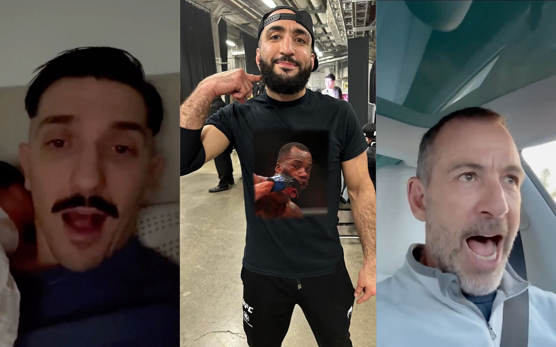 Belal Muhammad (center) posts a celebrity video including Andrew Schulz (left) and Bryan Callen (right) supporting him [Photo Courtesy @bullyb170 on Instagram]