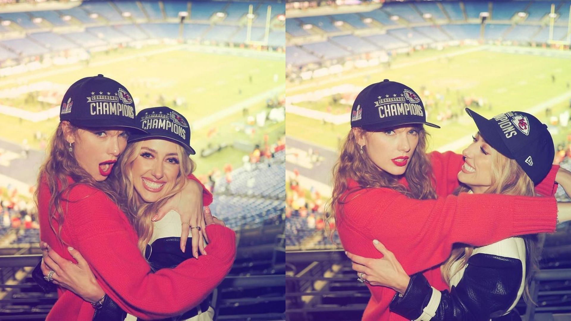Brittany Mahomes poses with Taylor Swift at the AFC championship game vs Ravens