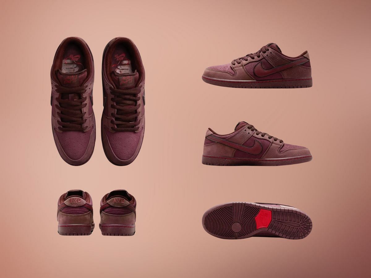 A closer look at the Nike SB Dunk Low Burgundy Crush sneakers (Image via SNKRS)