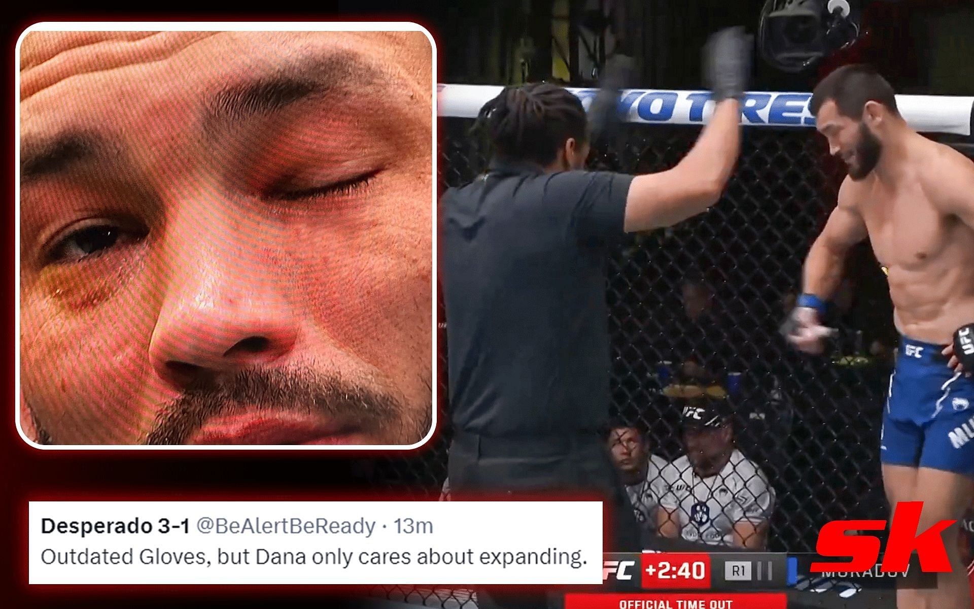 Fans react to Aliaskhab Khizriev vs. Makhmud Muradov ending with an anticlimactic eye poke [Image Courtesy: @MMACHICK_ via X/Twitter and @UFCEurope via X/Twitter]