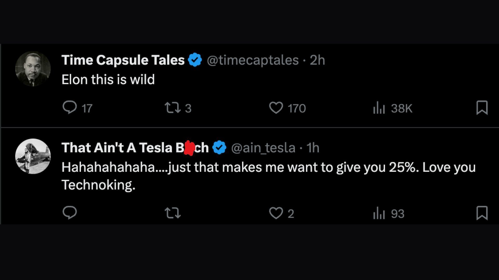 Some users couldn&#039;t stop laughing either (Image via X/@timecaptales, @ain_tesla)