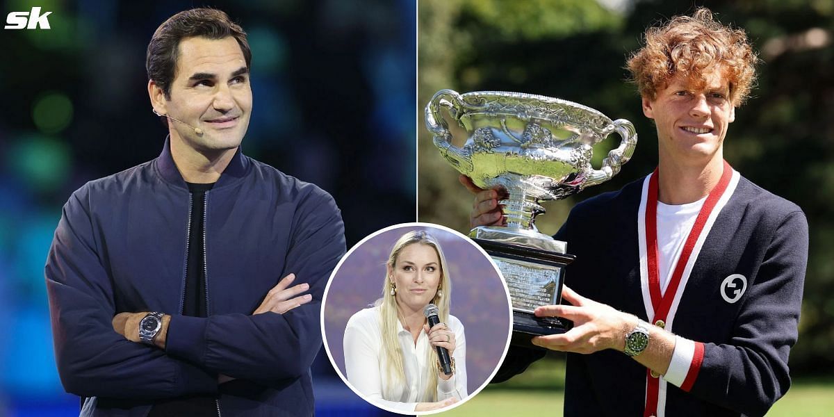 Roger Federer (L), Lindsey Vonn (inset) and Jannik Sinner (R)