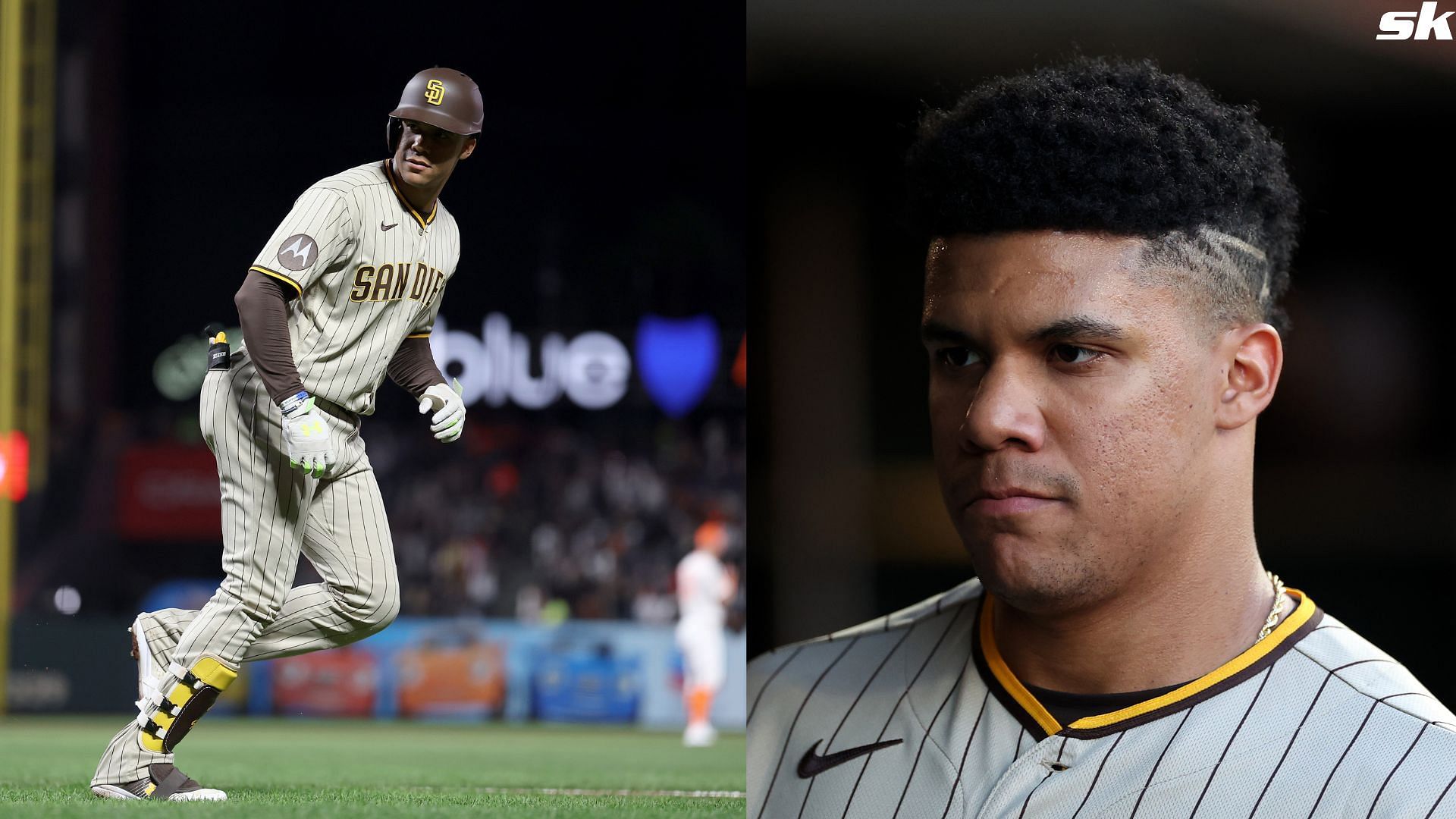 Juan Soto of the San Diego Padres stands in the dugout before their game against the San Francisco Giants at Oracle Park