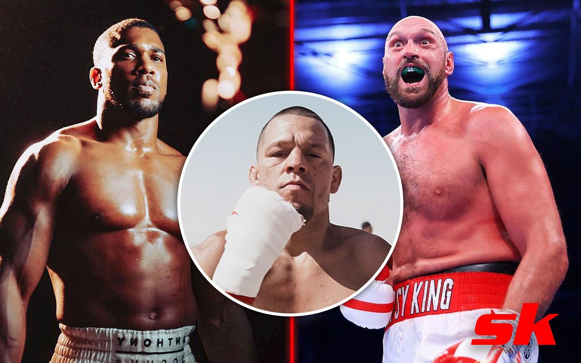 Nate Diaz (middle) is confident about defeating Anthony Joshua (left) and Tyson Fury (right) [Images courtesy: @natediaz209, @anthonyjoshua, and @tysonfury on Instagram]