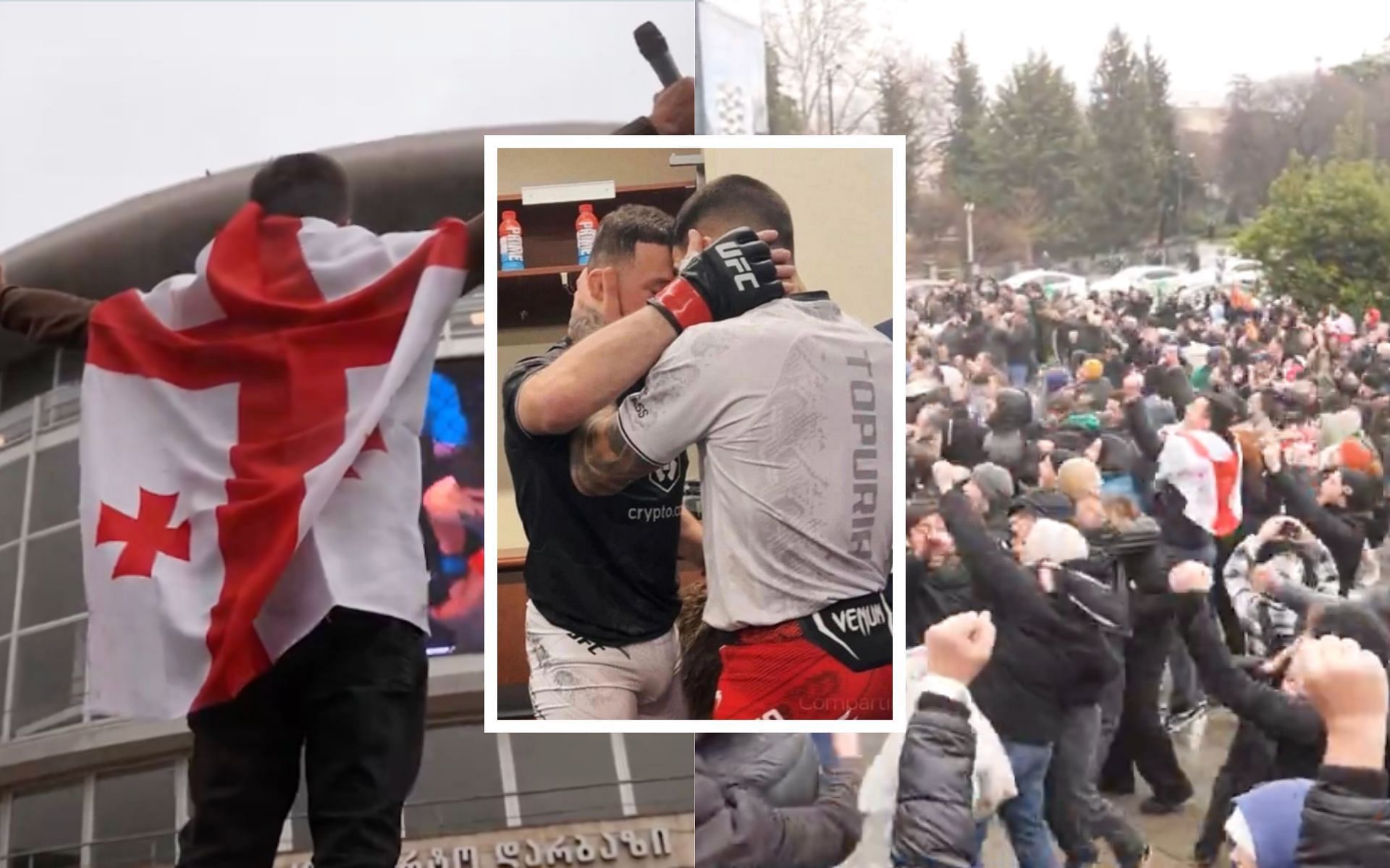 Fans in Georgia celebrating (right and left) the UFC 298 wins of Merab Dvalishvili and Ilia Topuria (center) [Photo Courtesy of Setanta Sports and @merab.dvalishvili on Instagram]