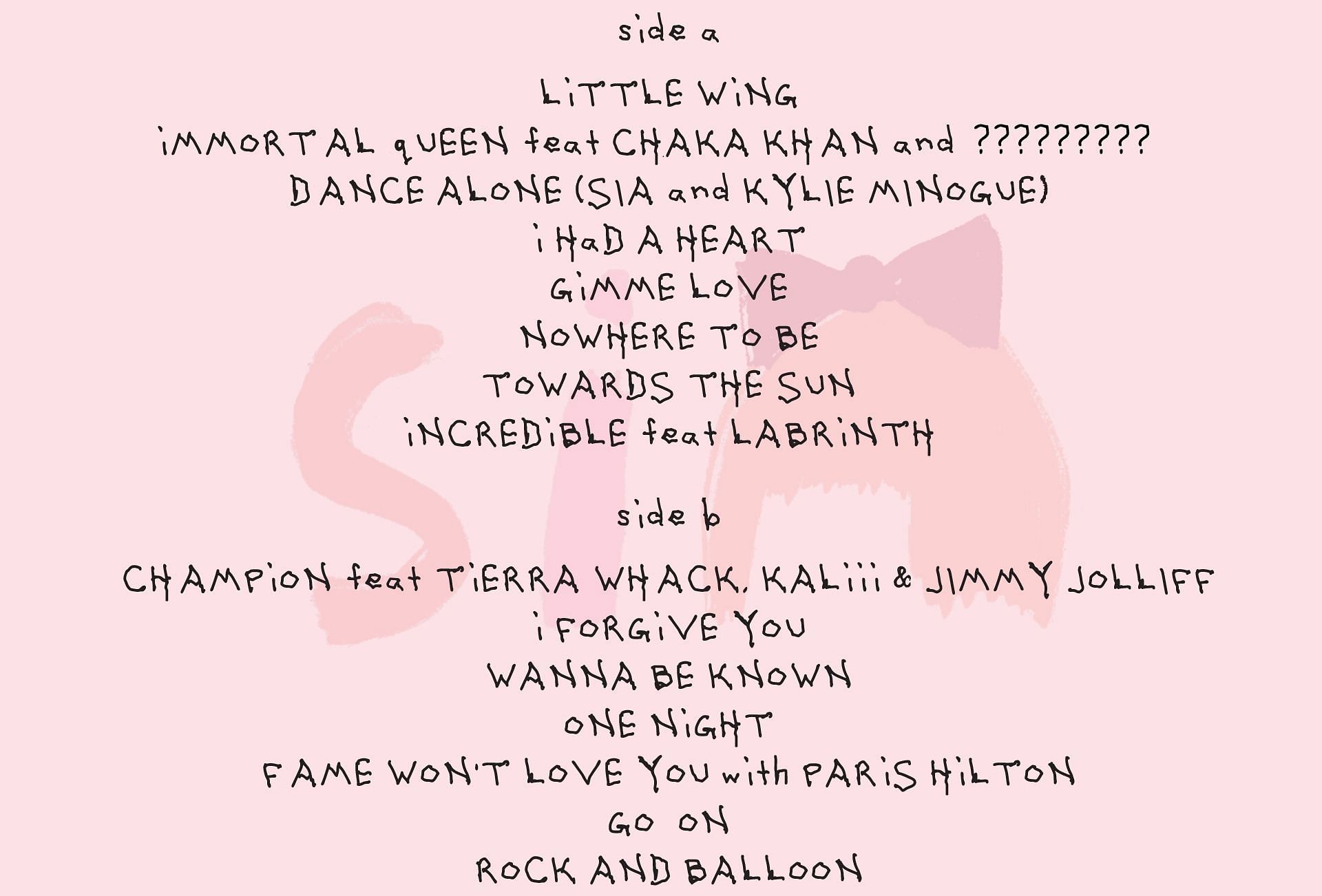 The official tracklist announced for &#039;Reasonable Woman&#039; (Image via X/@Sia)