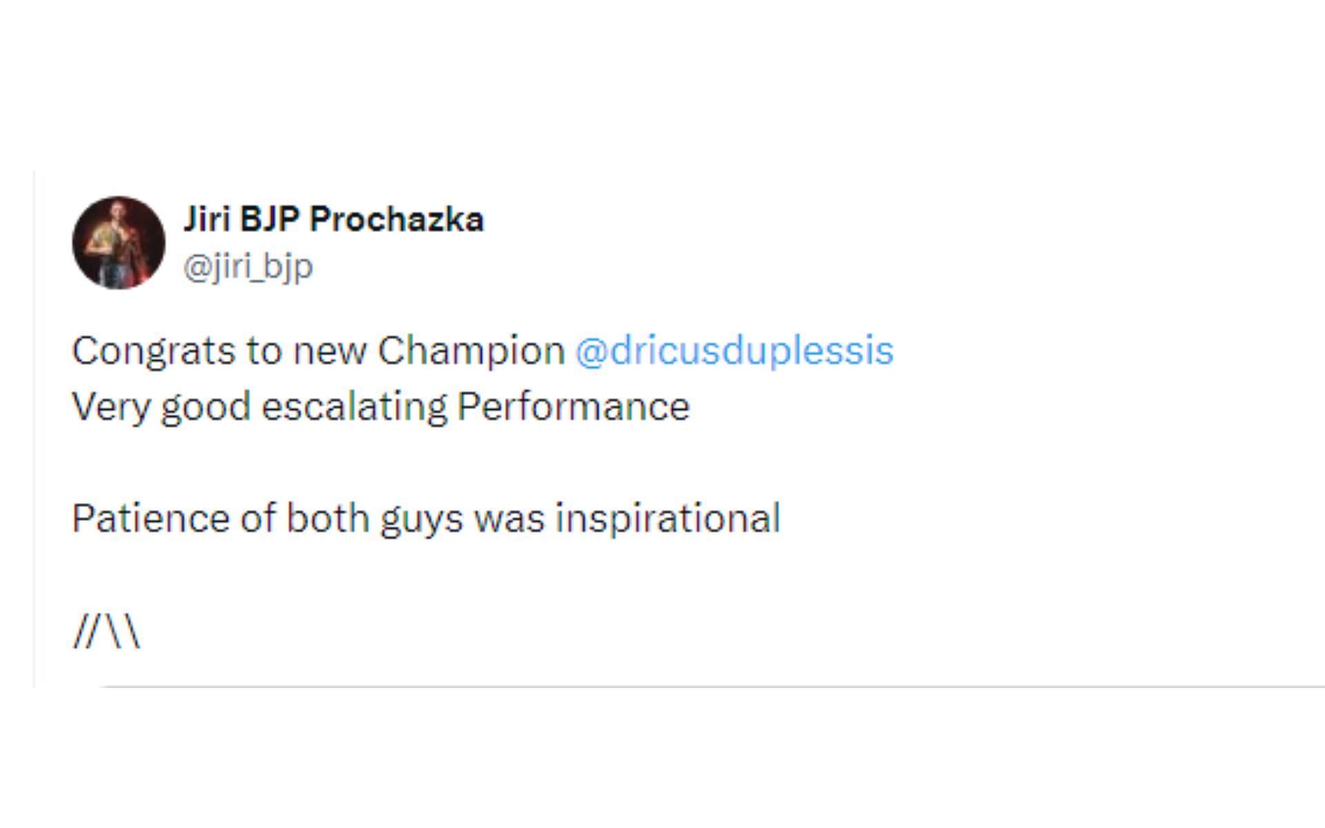 Prochazka&#039;s tweet regarding du Plessis [Image courtesy: @jiri_bjp - X]