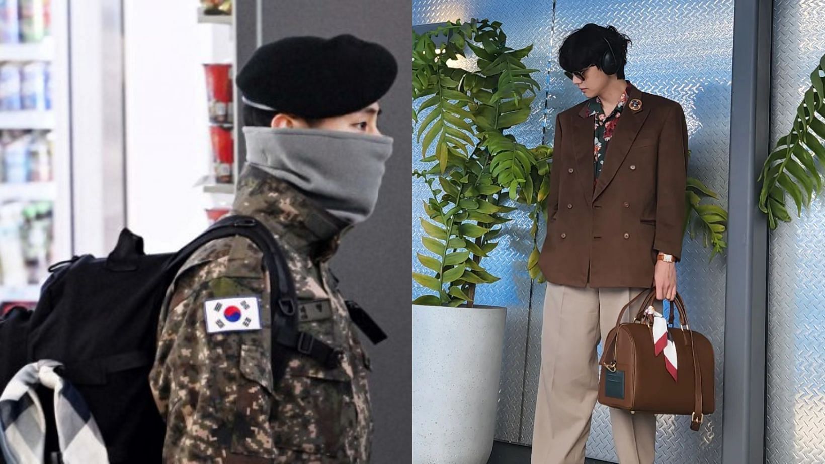 BTS Taehyung&rsquo;s style statement seen during his unit deployment post his training. (Images via X/@pinkpenderV &amp; Instagram/@thv)