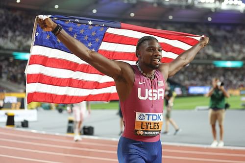 Noah Lyles of Team United States celebrates winning the Men's 200m Final during the 2023 World Athletics Championships in Budapest, Hungary.