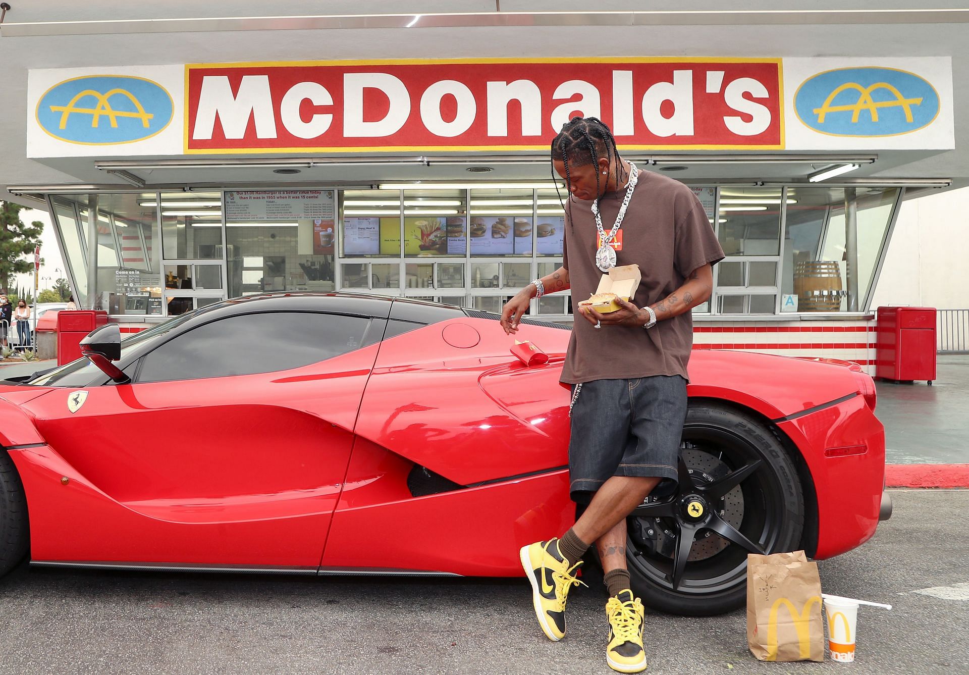 Travis Scott surprises crew and customers at McDonald&#039;s for the launch of the Travis Scott Meal on September 08, 2020, in Downey, California. (Photo by Jerritt Clark/Getty Images)