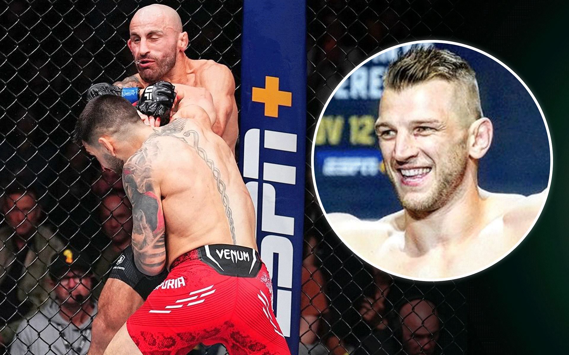Dan Hooker (right) reacts to Alexander Volkanovski being knocked down by Ilia Topuria (left) [Image Via: @ufcindia and @danhangman on Instagram]