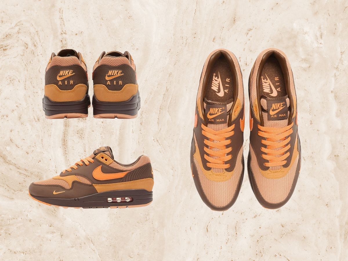 Here&#039;s a closer look at the Nike Air Max 1 King&#039;s Day sneakers (Image via YouTube/@cbnsneakersupdate)