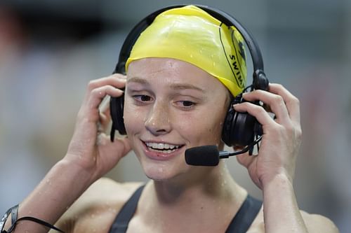 Summer McIntosh gives an interview after winning the Women's 200-meter Butterfly Finals at the TYR Pro Swim Series in Knoxville, Tennessee.