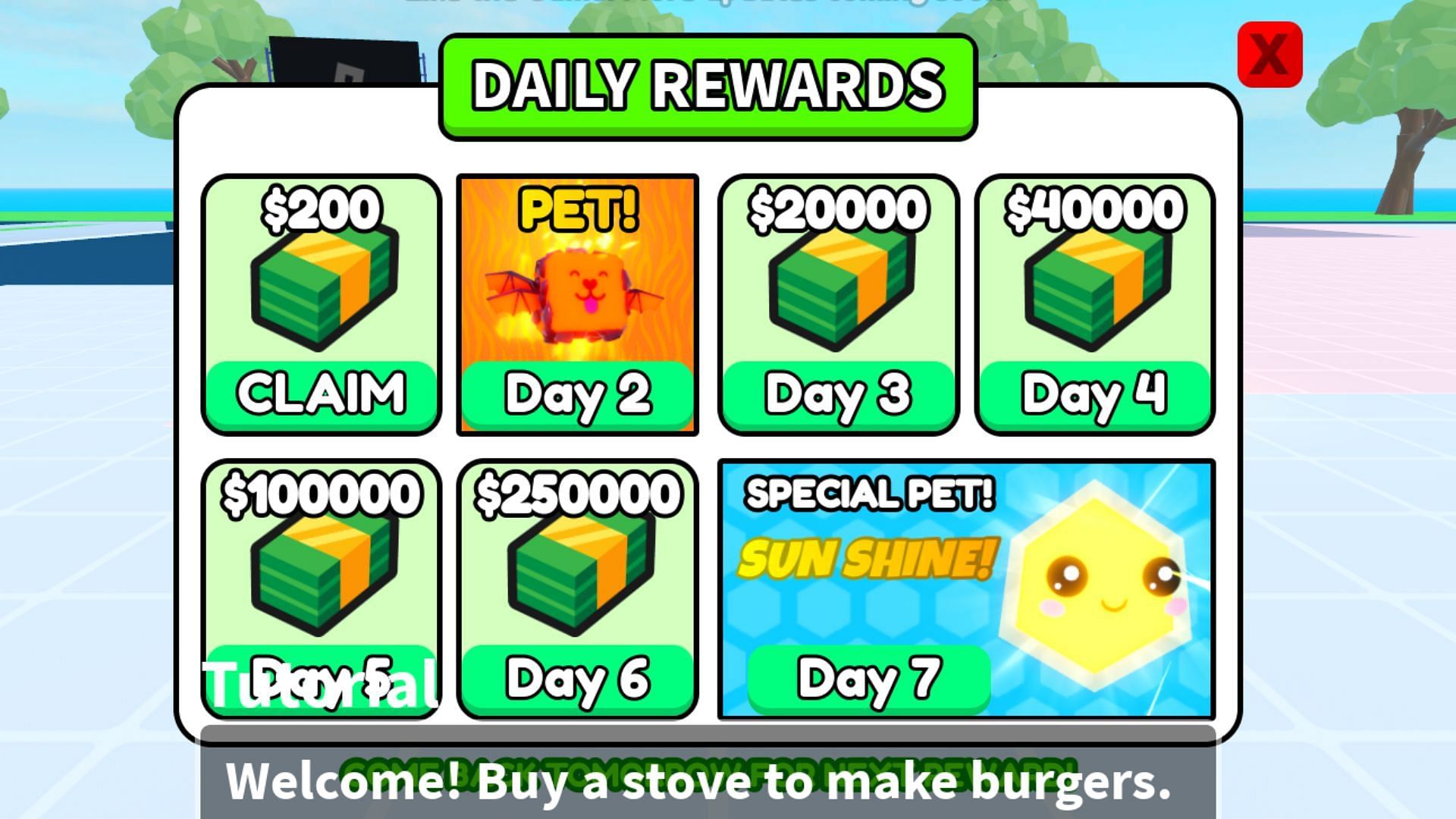 Burger Store Tycoon daily rewards (Image via Roblox)