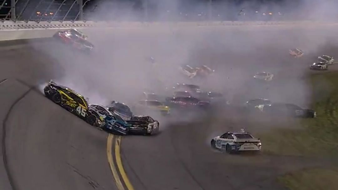 Multiple drivers including reigning NASCAR Cup Series champion and Daytona 500 Stage 2 winner Ryan Blaney get caught up in massive pile up (Image by @NASCAR from X)