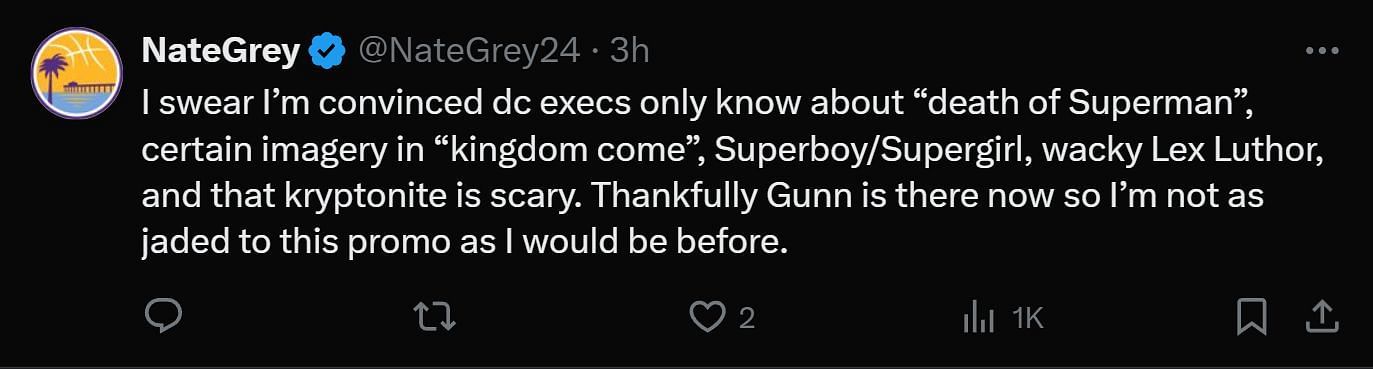 A tweet reply to CC&#039;s post about Superman&#039;s new logo (Image via X/@NateGrey24)