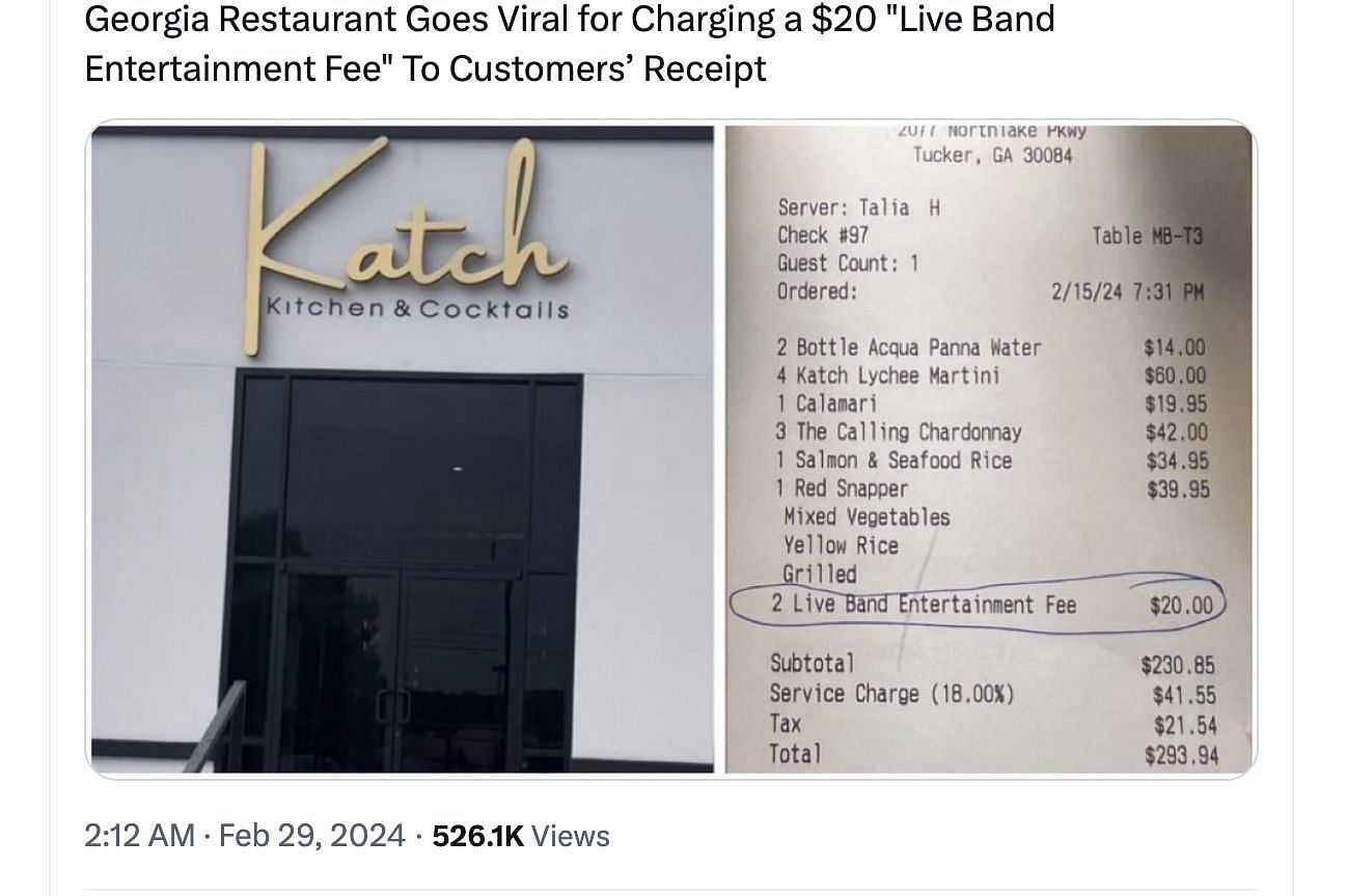 Social media users left surprised as a restaurant forcefully charged the customers $20 for a Live Band performance. (Image via @DailyLoud/X)