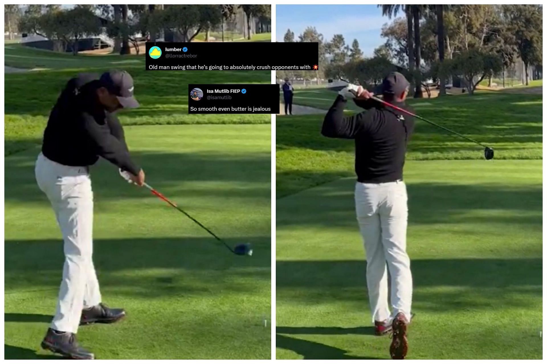 “Old man swing” “So smooth” Fans react to Tiger Woods practicing his