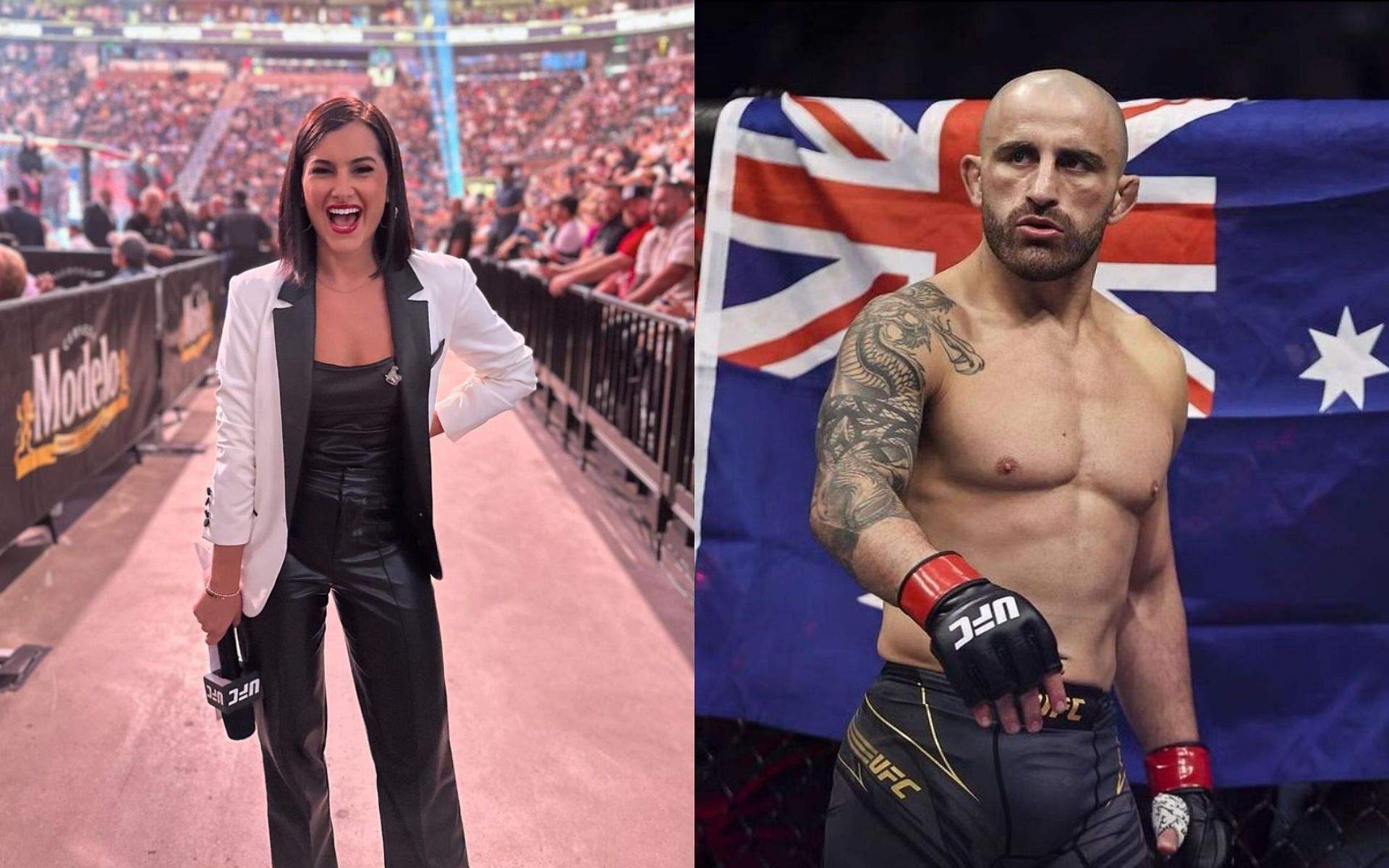 Megan Olivi (left) reacts to Alexander Volkanovski