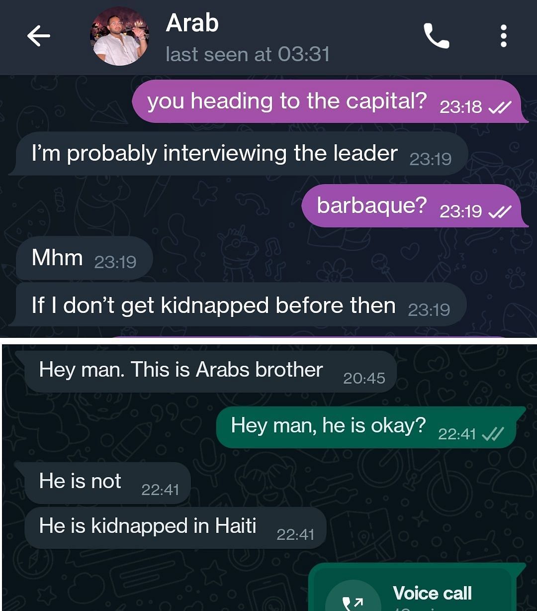 Lord Miles shares WhatsApp messages, confirming Arab&#039;s kidnapping (Image via X/Lord Miles)