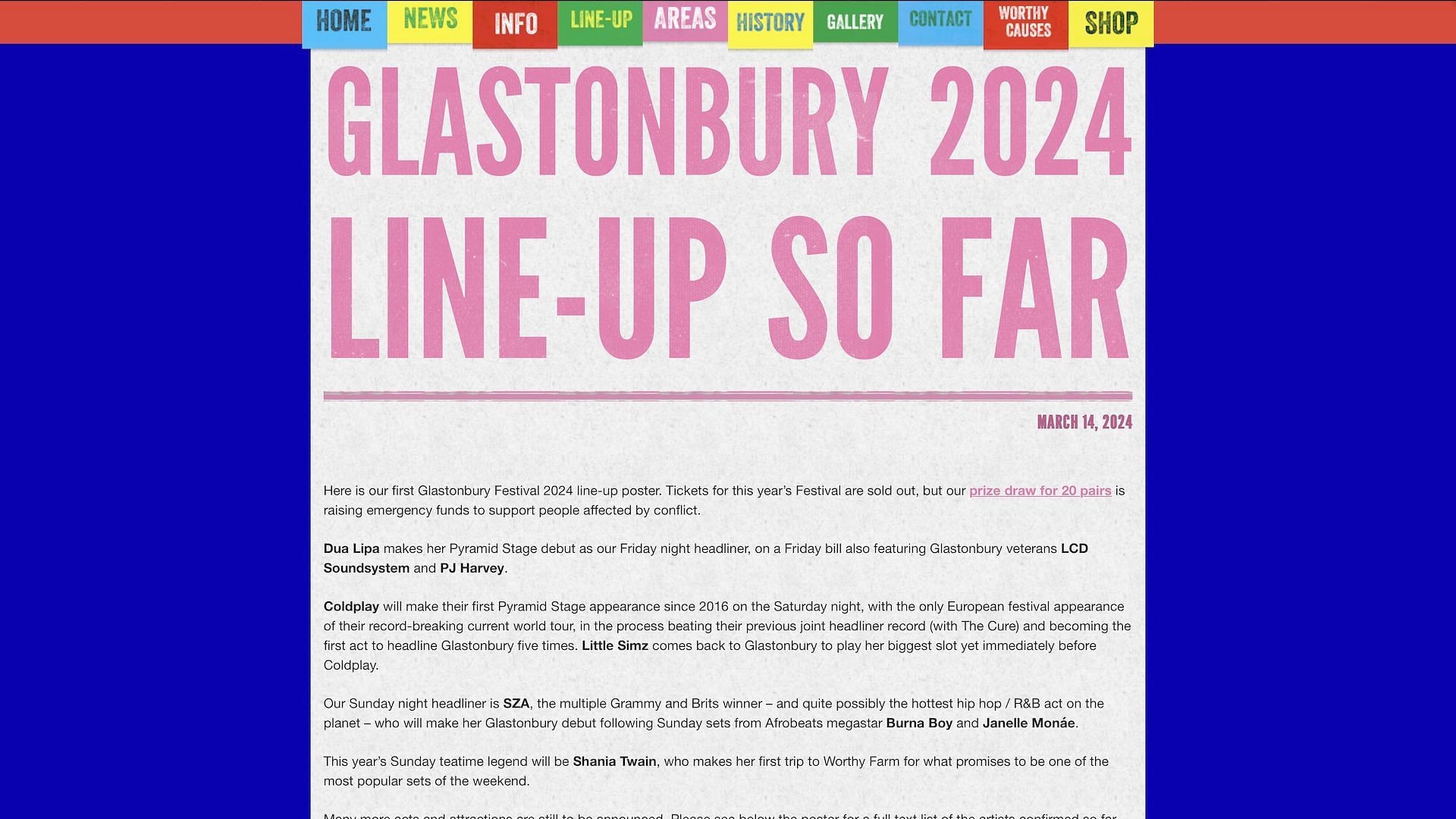 A screenshot for Glastonbury 2024&#039;s official Line-up taken from their website (Image via www.glastonburyfestivals.co.uk)