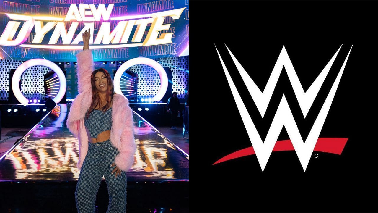 Mercedes Mone (left) and WWE logo (right)