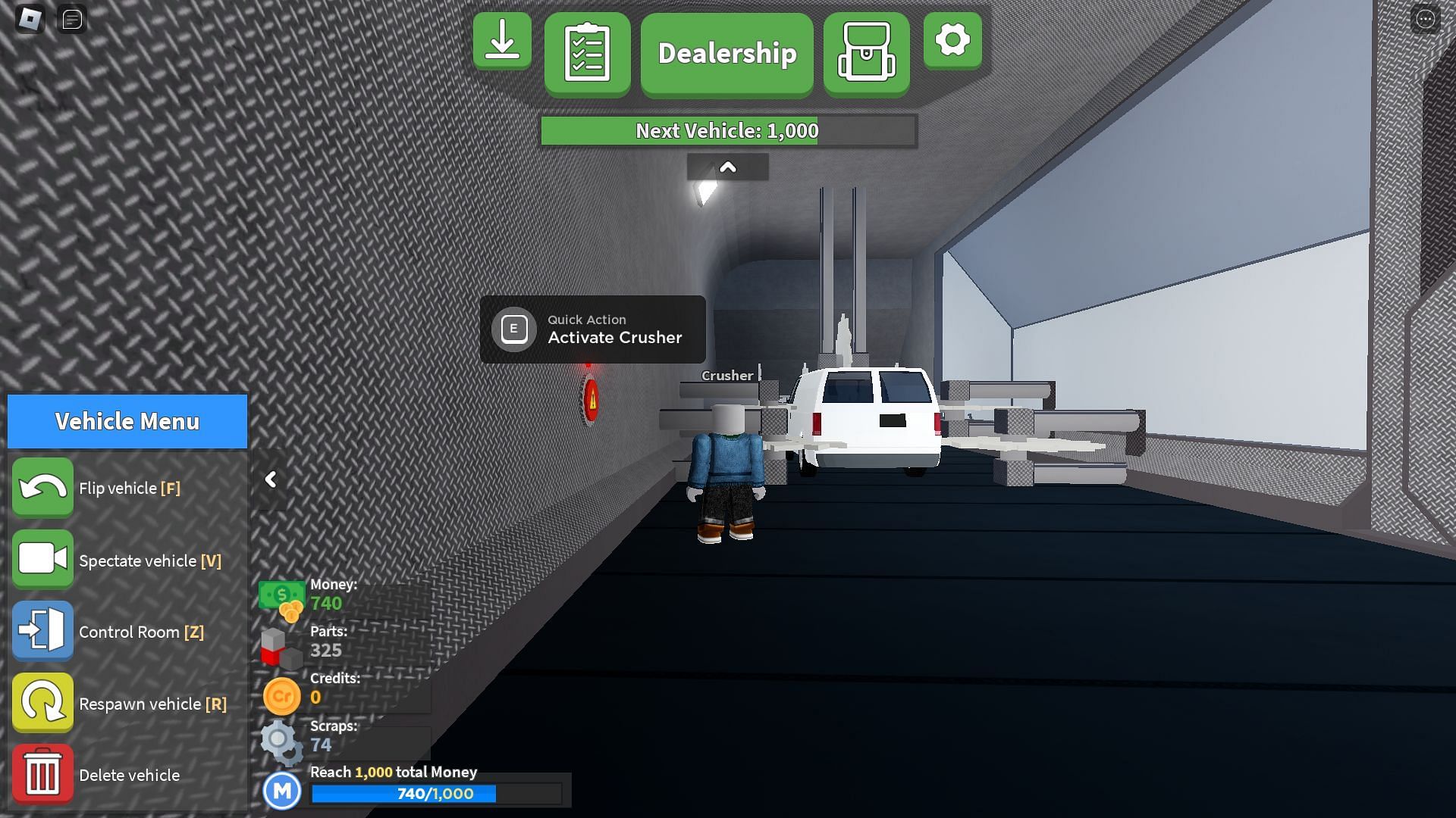 Crushing a car in Row 1 (Image via Roblox)