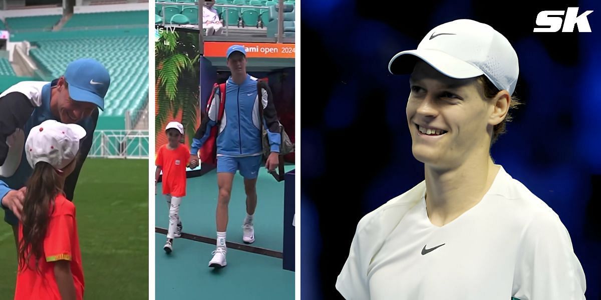Jannik Sinner comforts a nervous child mascot in heartfelt gesture before the pair head out for his Miami Open QF clash