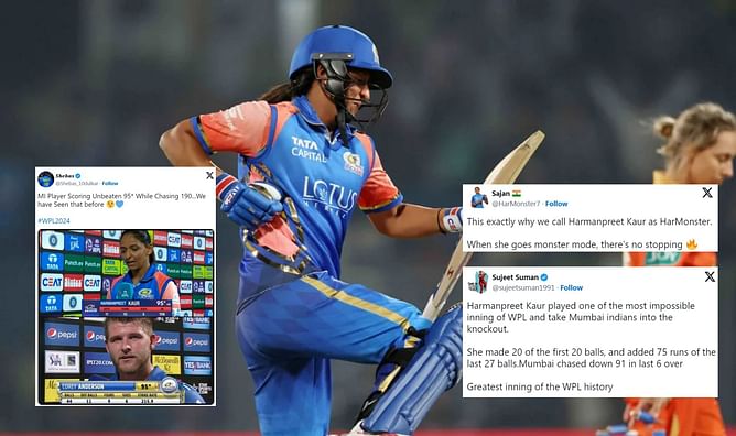 "When she goes monster mode, there's no stopping"- Fans react after Harmanpreet Kaur's blistering 95* powers MI to an improbable win vs GG in WPL 2024