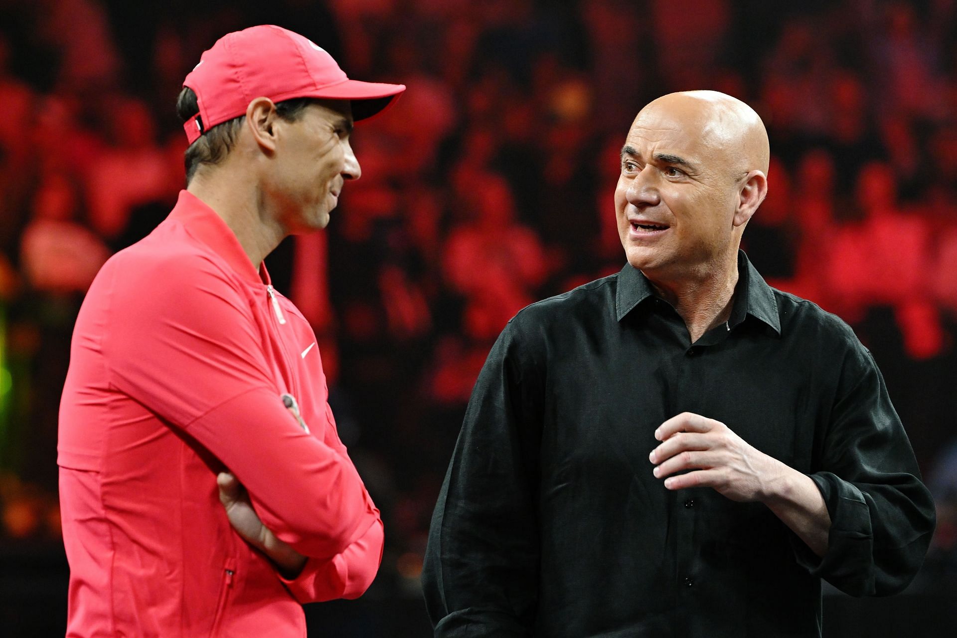 Andre Agassi (R) with Rafael Nadal at the Netflix Slam