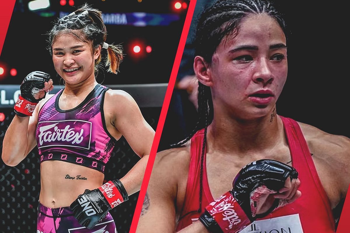 Stamp Fairtex (L) backs former adversary Allycia Hellen Rodrigues (R) for a grand finish against Cristina Morales at ONE Fight Night 20. -- Photo by ONE Championship