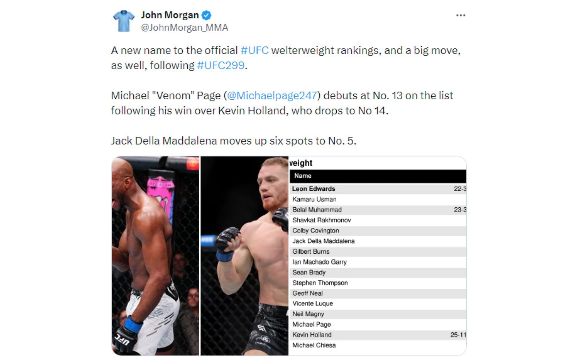 Tweet regarding updated UFC welterweight rankings [Image courtesy: @JohnMorgan_MMA - X]