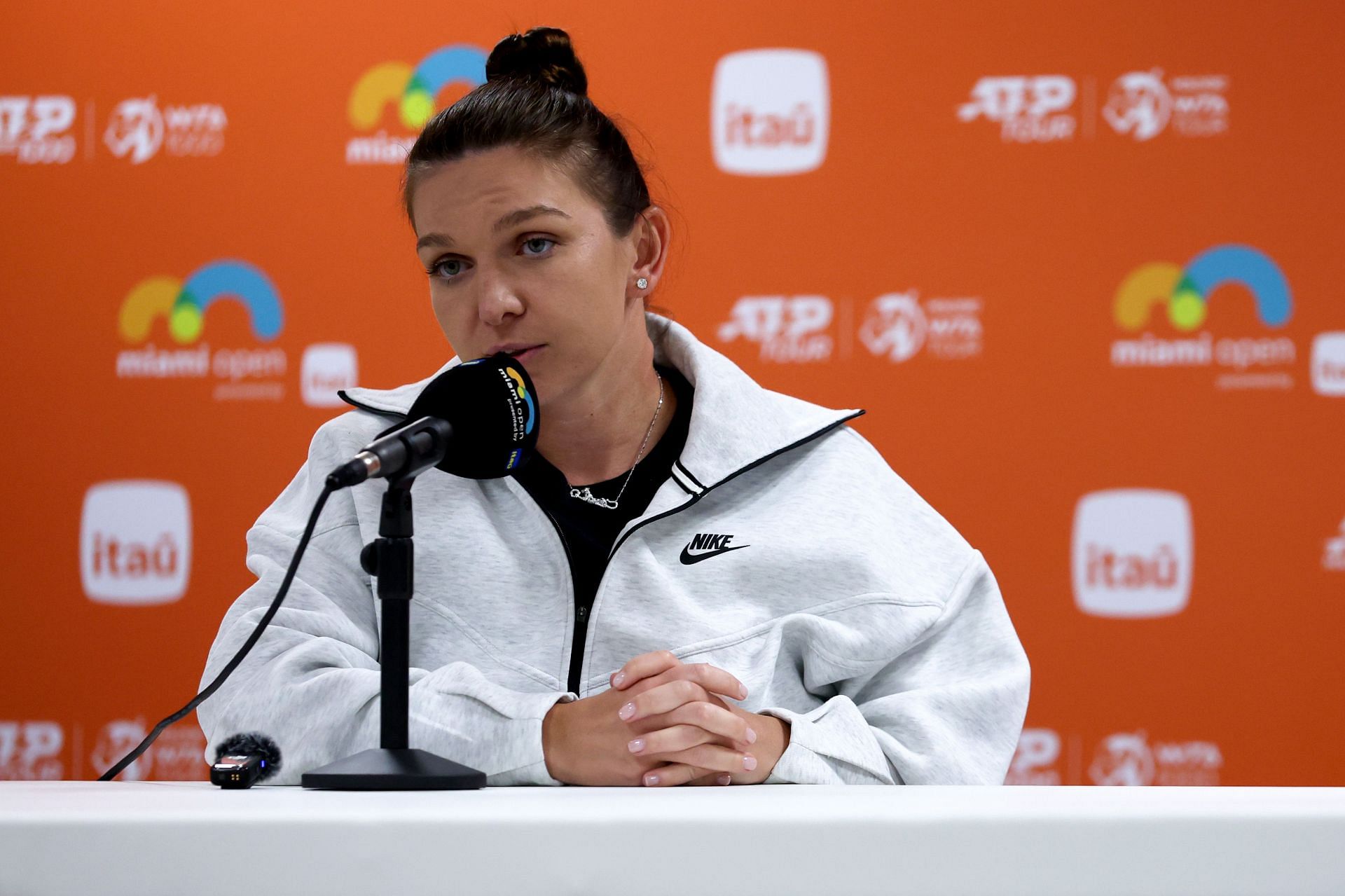 Simona Halep during a press conference at the 2024 Miami Open