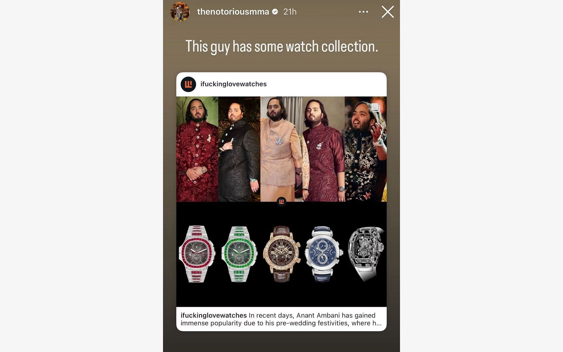 A screenshot of McGregor&#039;s Instagram story about Ambani&#039;s watch collection.