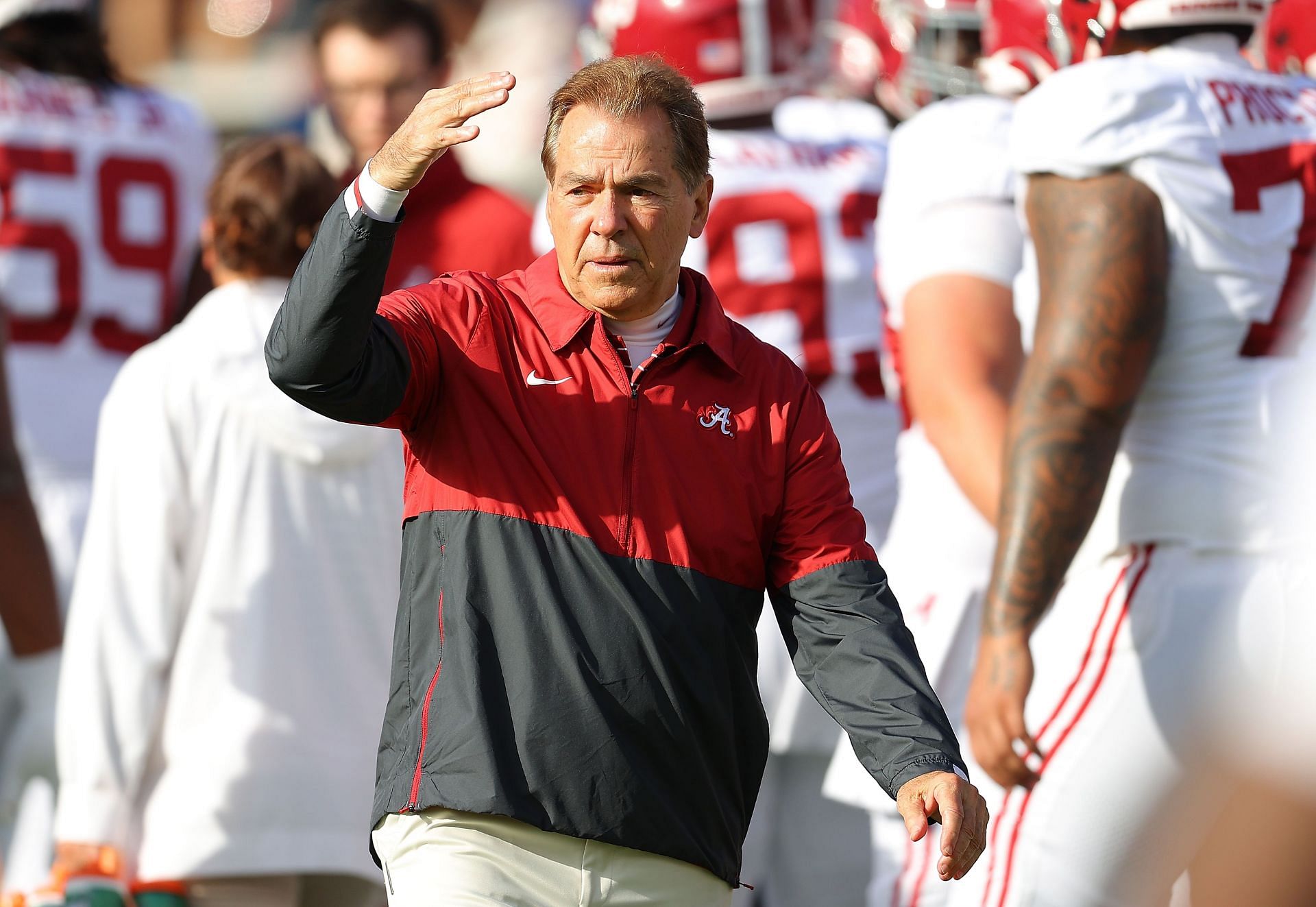 AUBURN, ALABAMA, NOVEMBER 25: Head coach Nick Saban of the Alabama Crimson Tide looks on during warm-up prior to the game against the Auburn Tigers at Jordan-Hare Stadium on November 25, 2023, in Auburn, Alabama. (Photo by Kevin C. Cox/Getty Images) )