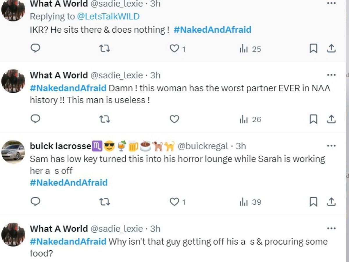 Fans react to Sam&#039;s behaviour on Naked and Afraid (Image via X/@sadie_lexie X/@buickregal)