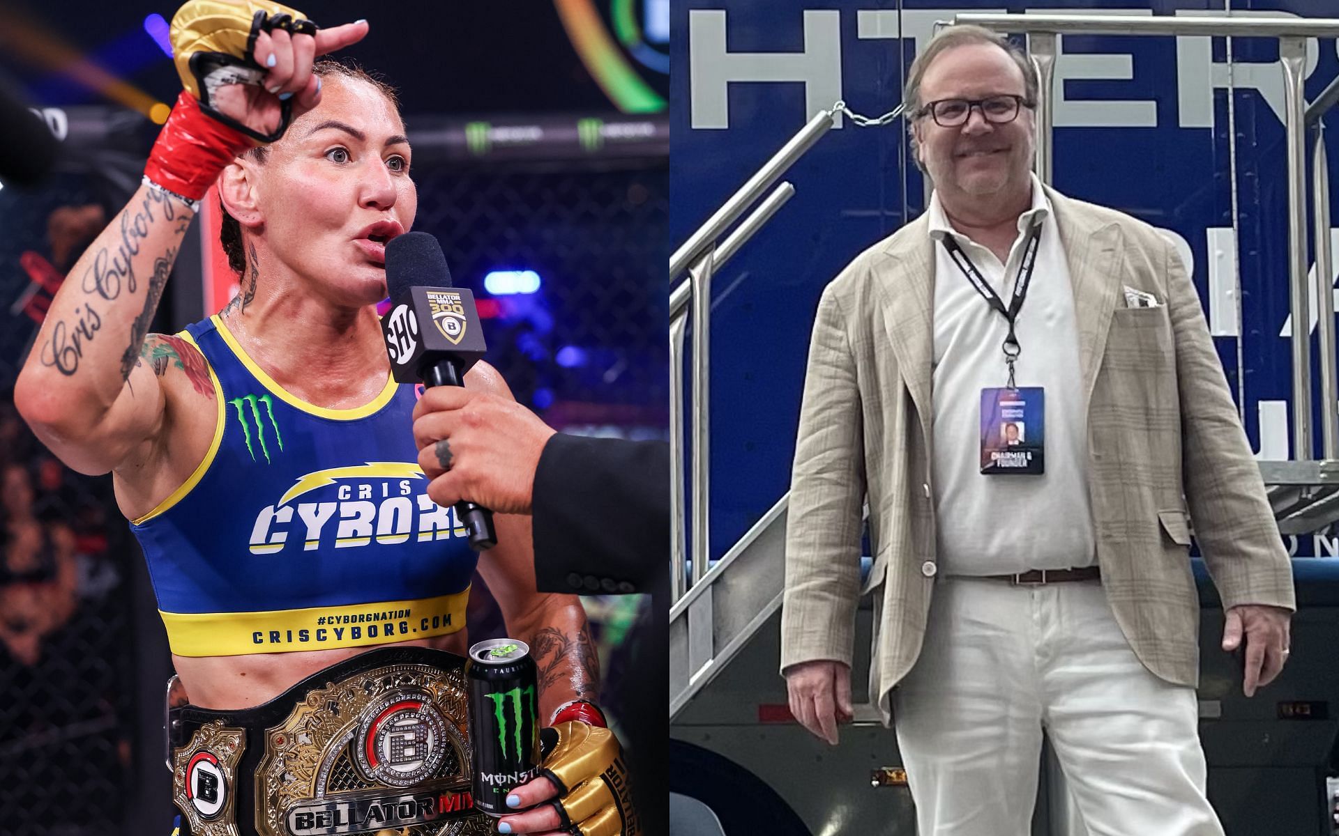 Cris Cyborg blasts Donn Davis for making her only champion yet to be booked since PFL-Bellator merger [Image courtesy: Lucas Noonan/Bellator MMA, and @DonnDavisPFL- X]