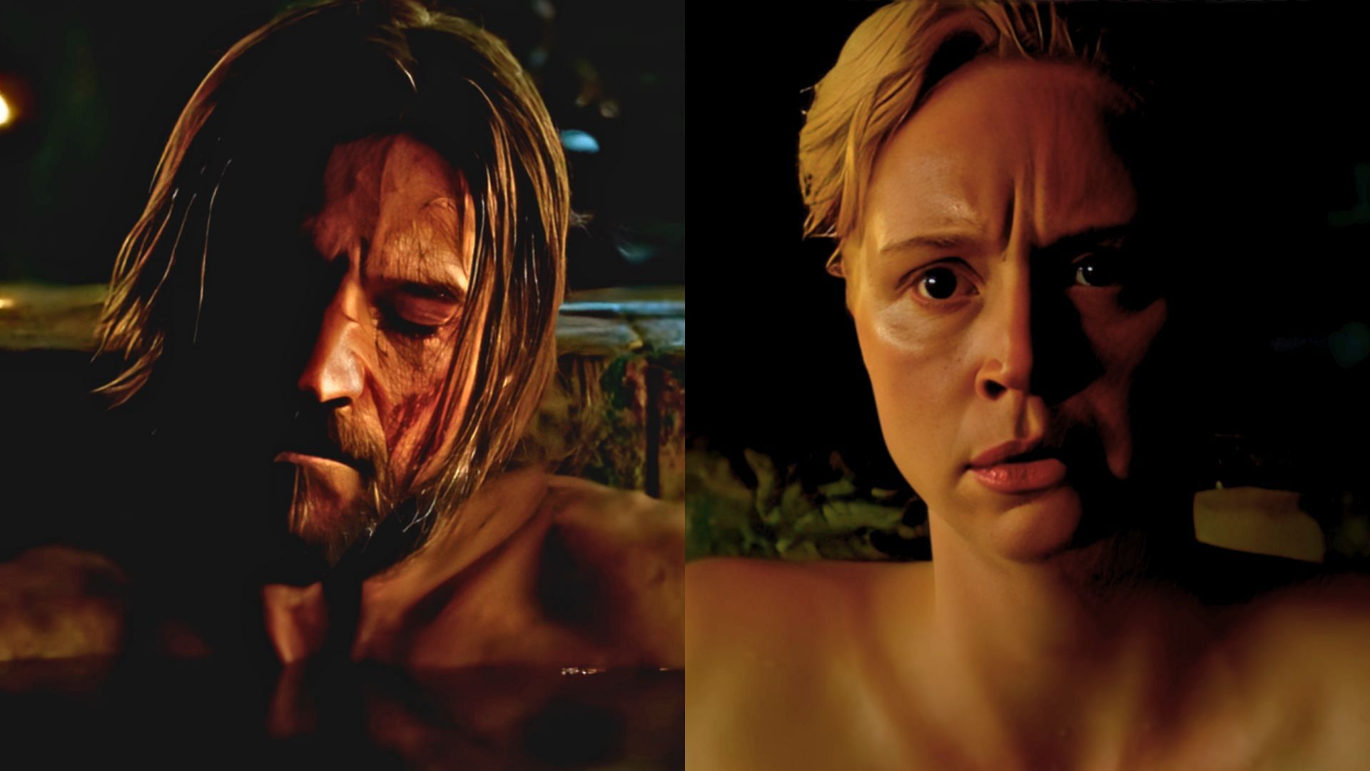 Nikolaj Coster-Waldau portrayed Jaime Lannister (L), while Gwendoline Christie played Brienne of Tarth (R) in Game of Thrones (Image via YouTube/HBO 2:50 and 3:58)