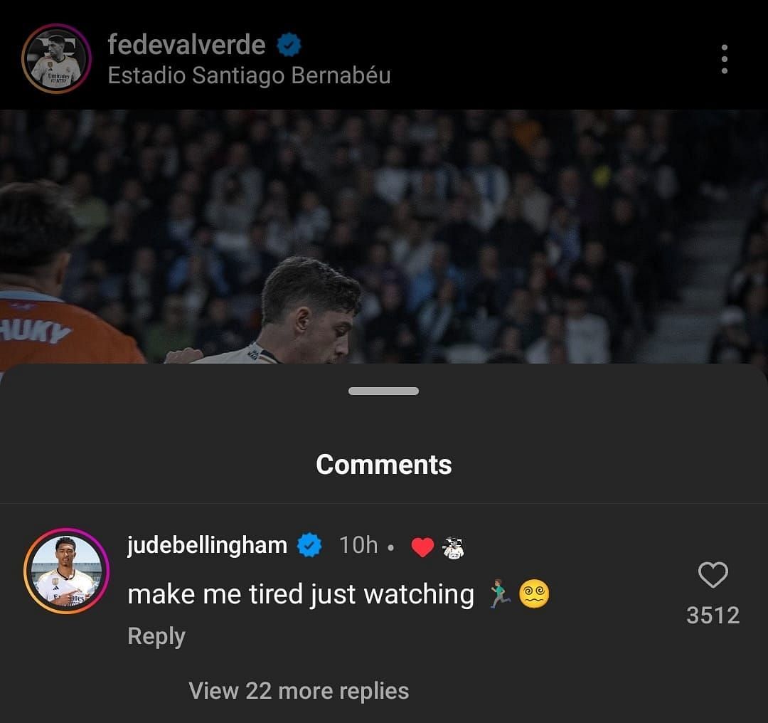 Jude Bellingham&#039;s comment on Fede Valverde&#039;s latest Instagram post.