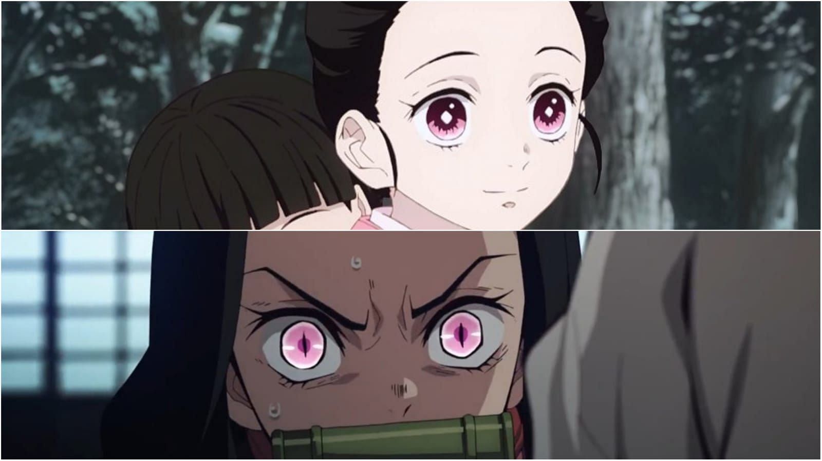 Transition in Nezuko&#039;s eye color after becoming a demon (Image via ufotable)