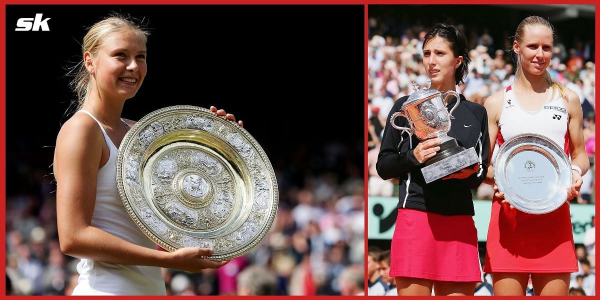 Maria Sharapova with the 2004 Wimbledon trophy; Anastasia Myskina and Elena Dementieva with the 2004 French Open trophies.