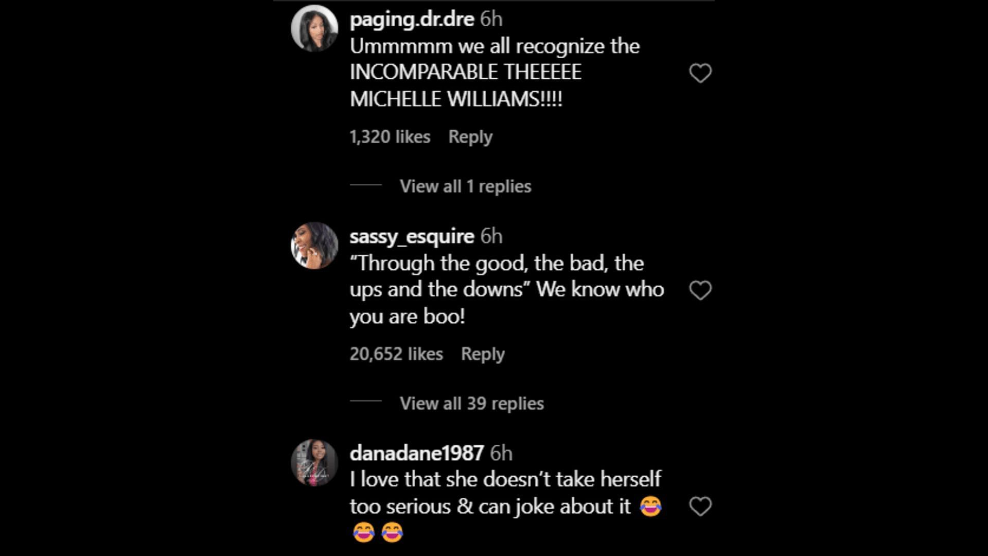 Instagrammers lauding Williams for being able to joke about herself. (Image via Instagram/ paging.dr.dre/ sassy_esquire/ danadane1987)