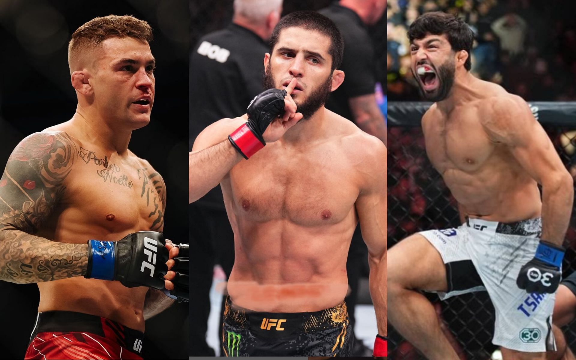 Islam Makhachev (middle) accused of avoiding tough matchups by Arman Tsarukyan (right) after calling out Dustin Poirier (left) [Images Courtesy: @GettyImages, @arm_011 and @islam_makahchev on Instagram]