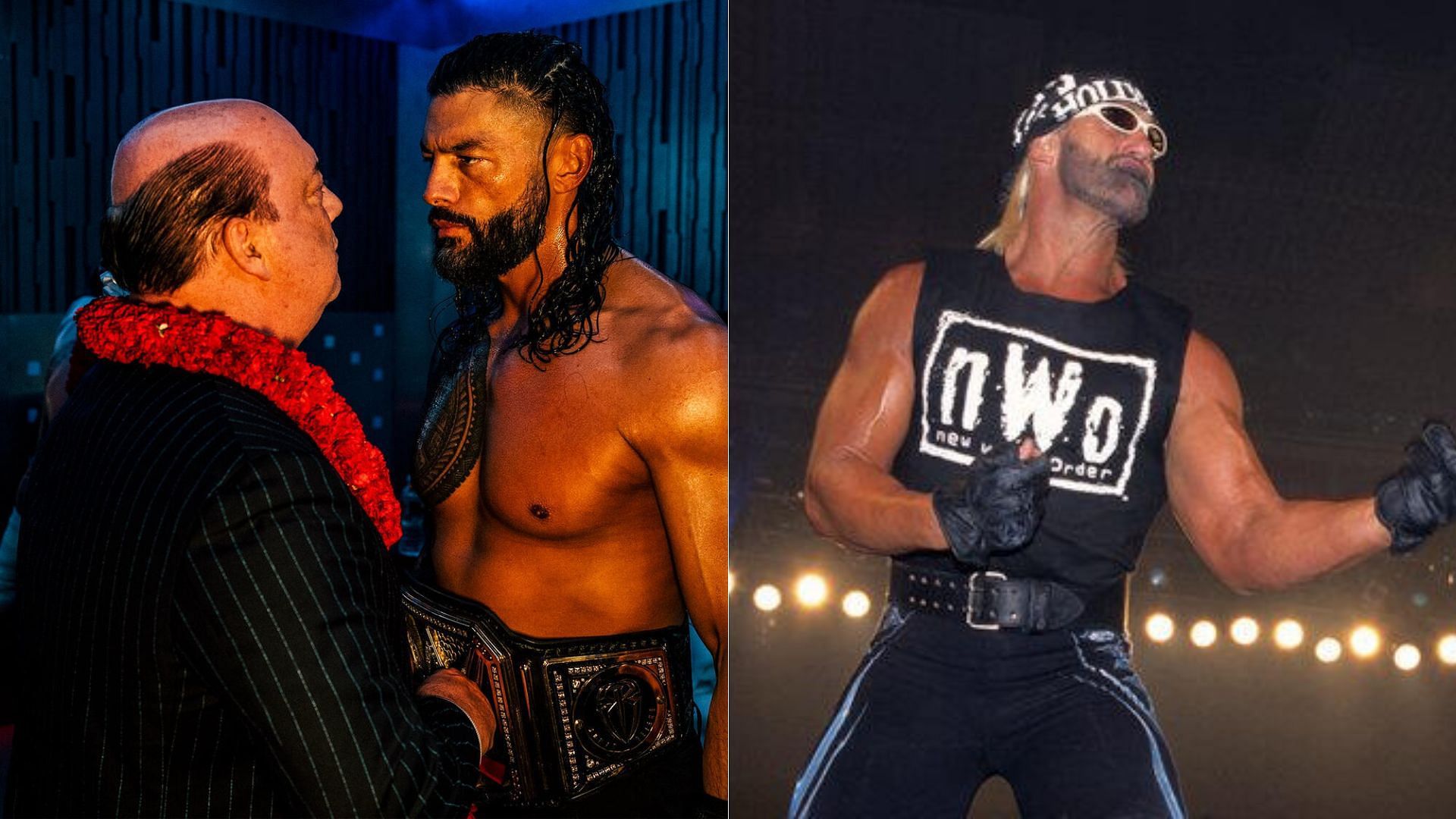Paul Heyman and Roman Reigns (left); Hulk Hogan (right)