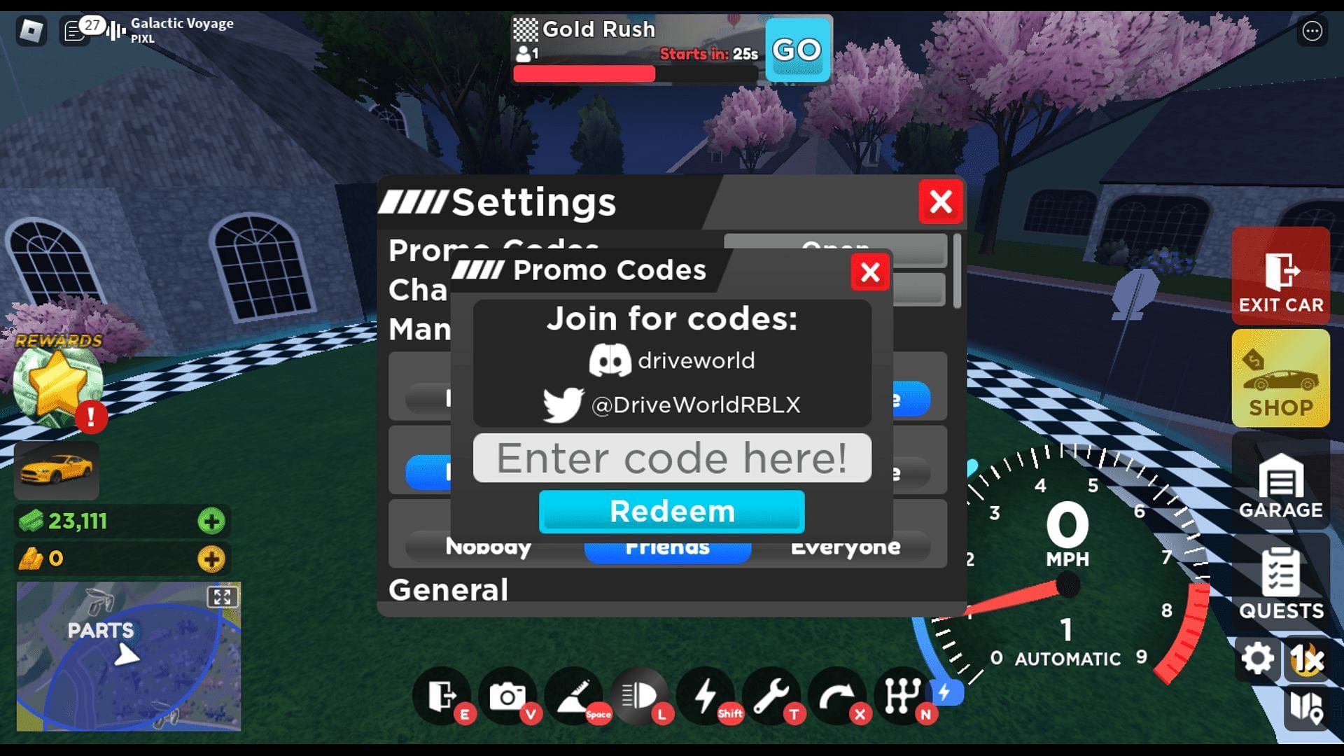 Redeem codes in Drive World (Image via Roblox || Sportskeeda)