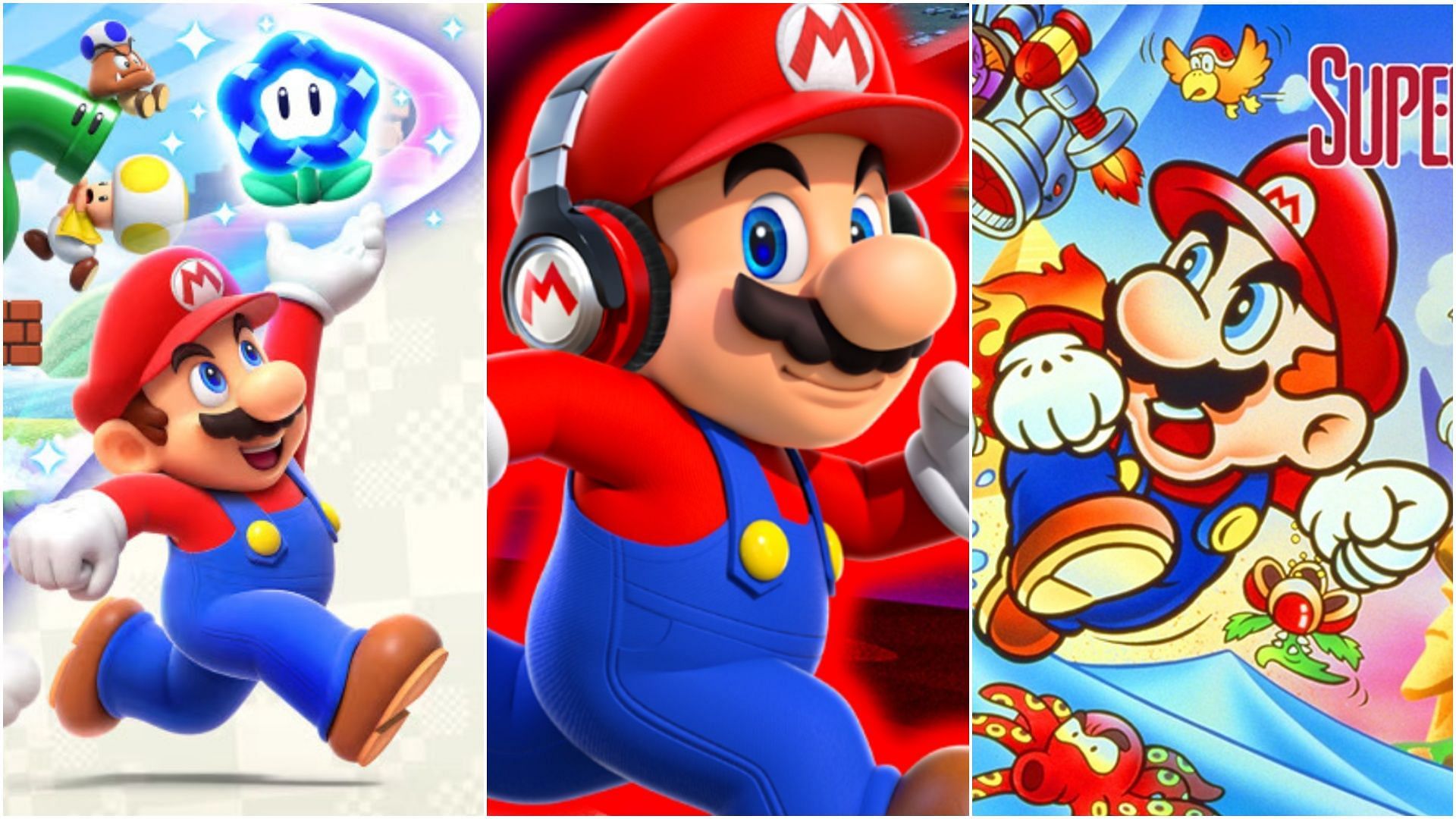 Collage of different Mario game posters